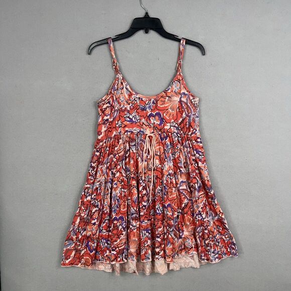 Free People Dress Women Small Red Boho Floral Beaded Jewel Tiered Coastal Resort - Picture 9 of 16